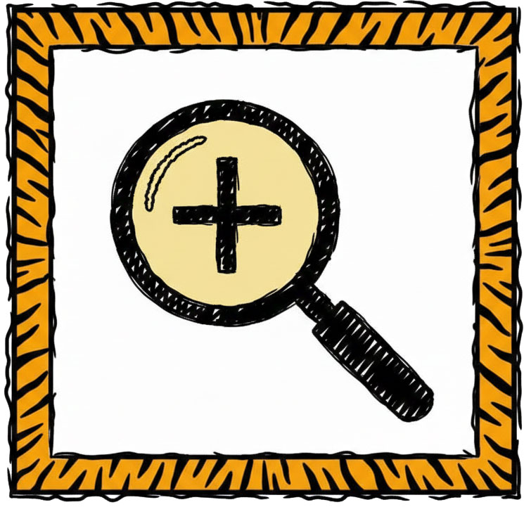 Eine Lupe mit einem Plus in der Mitte innerhalb eines Tiger-Bilderrahmens symbolisiert die Suche nach weiteren Fachkräften.