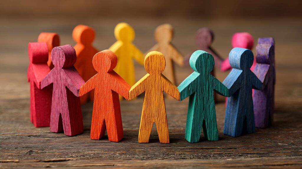 Lerntiger - Fröhliche bunte Holzfiguren bilden einen Kreis