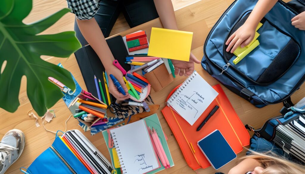 Lerntiger - Kinder arbeiten mit ihren Schulmaterialien